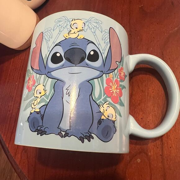 Stitch Mug with Baby Ducks Disney Disneyland Blue XL Coffee Cup Floral Tropical - Picture 8 of 8